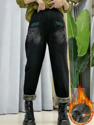 Winter Thicken Harem Jeans Women Warm Baggy Denim Streetwear High Wasit Pants