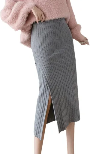 Winter Warm Knit Midi Long Pencil Skirt, Women Korean Style Mid-Length High Waist Side Slit Skirt