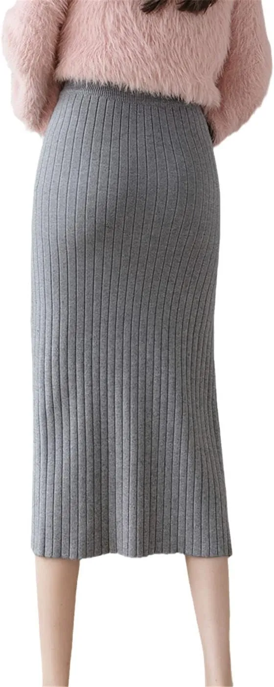 Winter Warm Knit Midi Long Pencil Skirt, Women Korean Style Mid-Length High Waist Side Slit Skirt