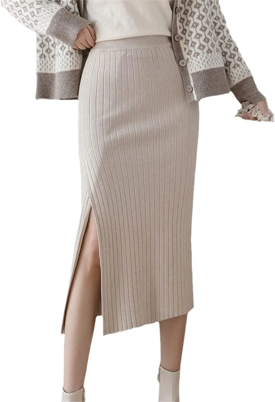 Winter Warm Knit Midi Long Pencil Skirt, Women Korean Style Mid-Length High Waist Side Slit Skirt