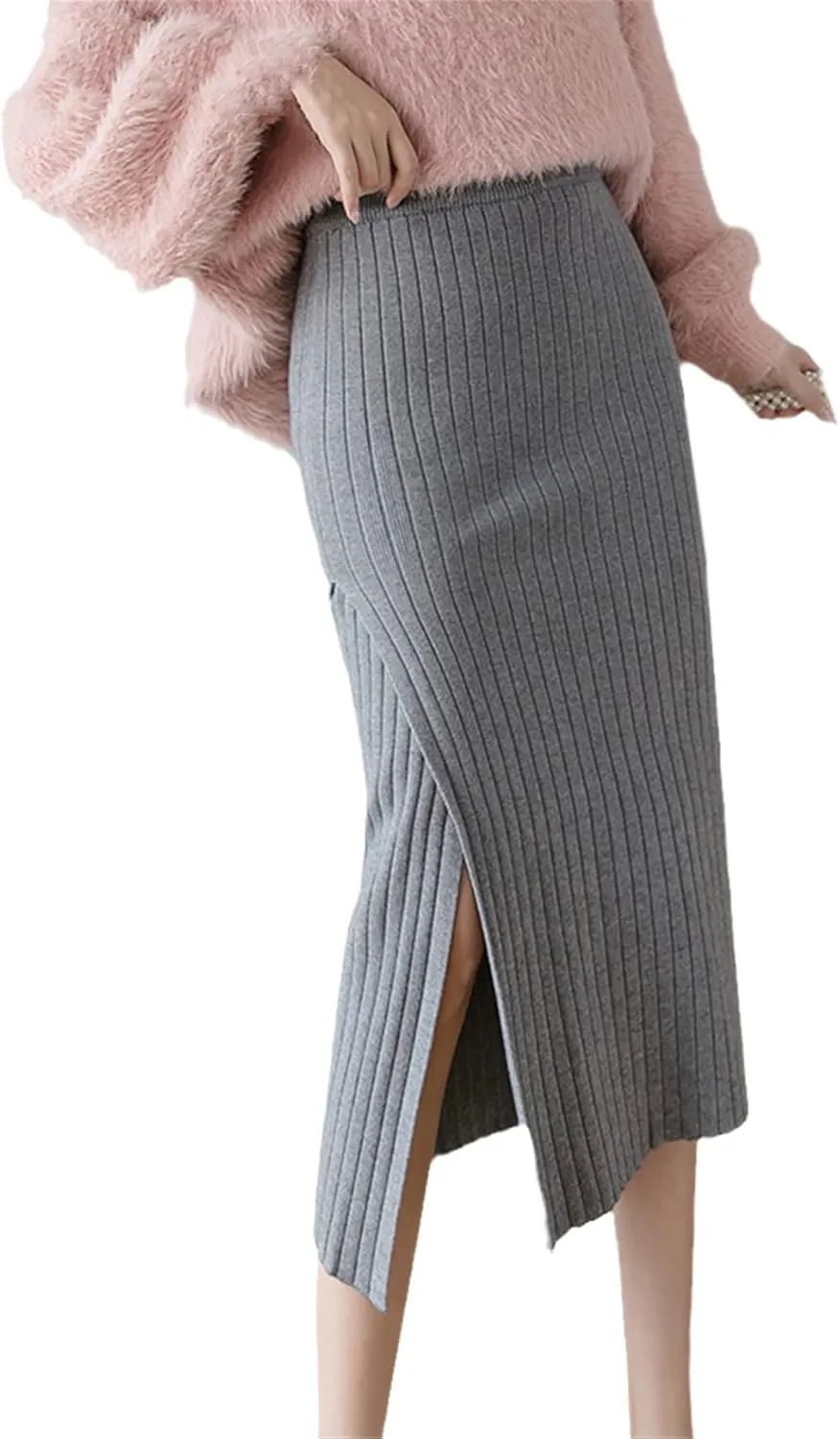 Winter Warm Knit Midi Long Pencil Skirt, Women Korean Style Mid-Length High Waist Side Slit Skirt