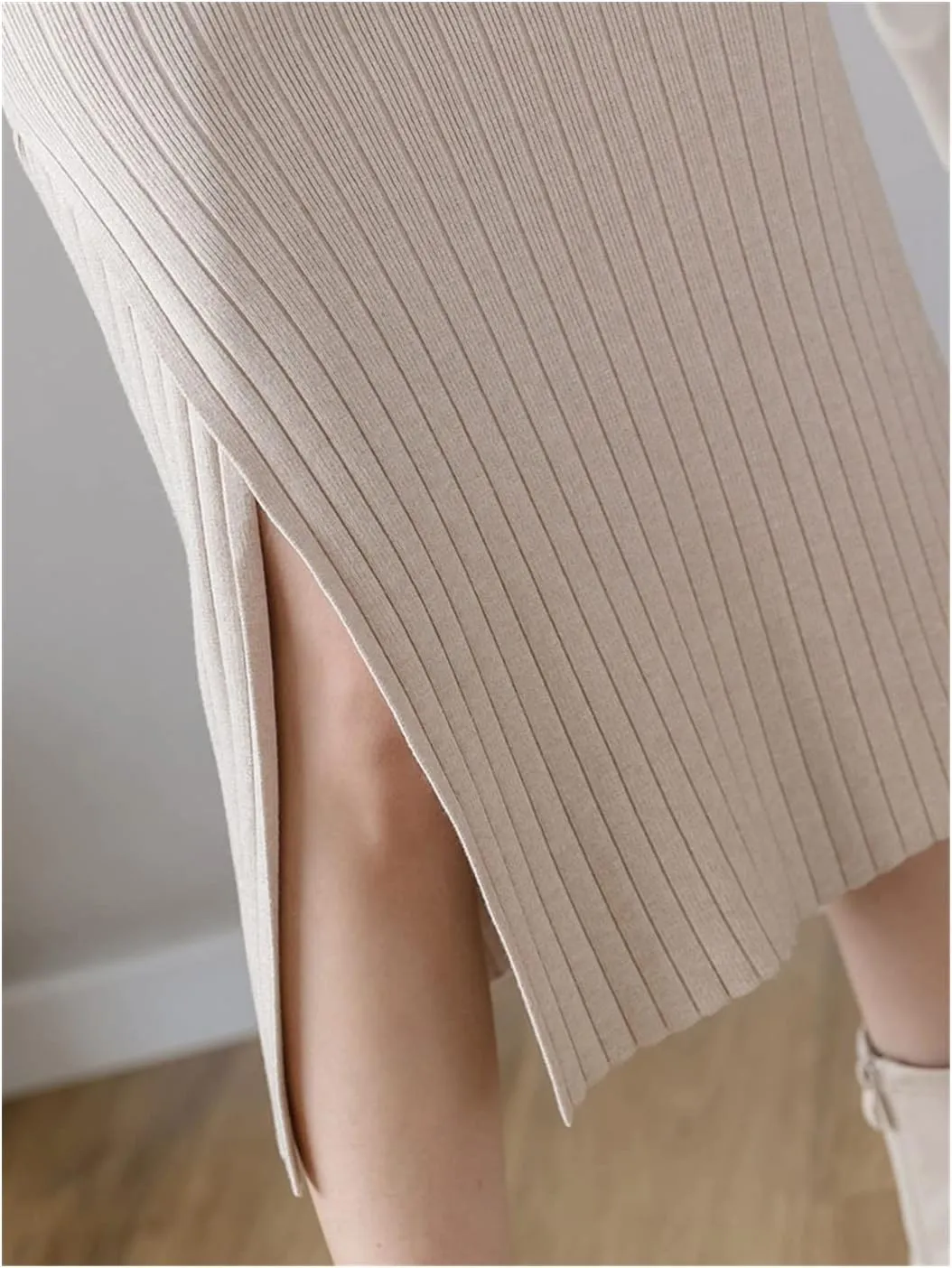 Winter Warm Knit Midi Long Pencil Skirt, Women Korean Style Mid-Length High Waist Side Slit Skirt