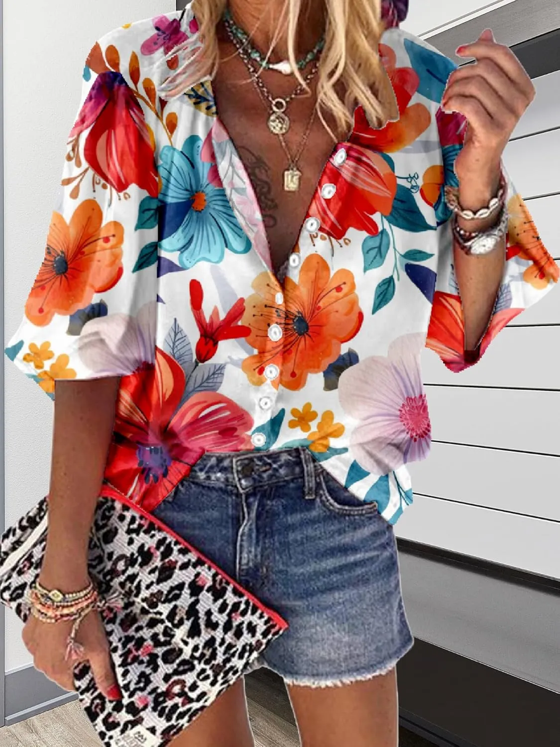 Women Blouse Button Up V Neck 3/4 Lantern Sleeve Floral Print Boho Tunic Tops Dressy Casua Shirts