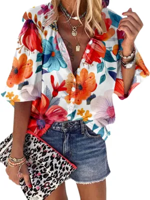 Women Blouse Button Up V Neck 3/4 Lantern Sleeve Floral Print Boho Tunic Tops Dressy Casua Shirts