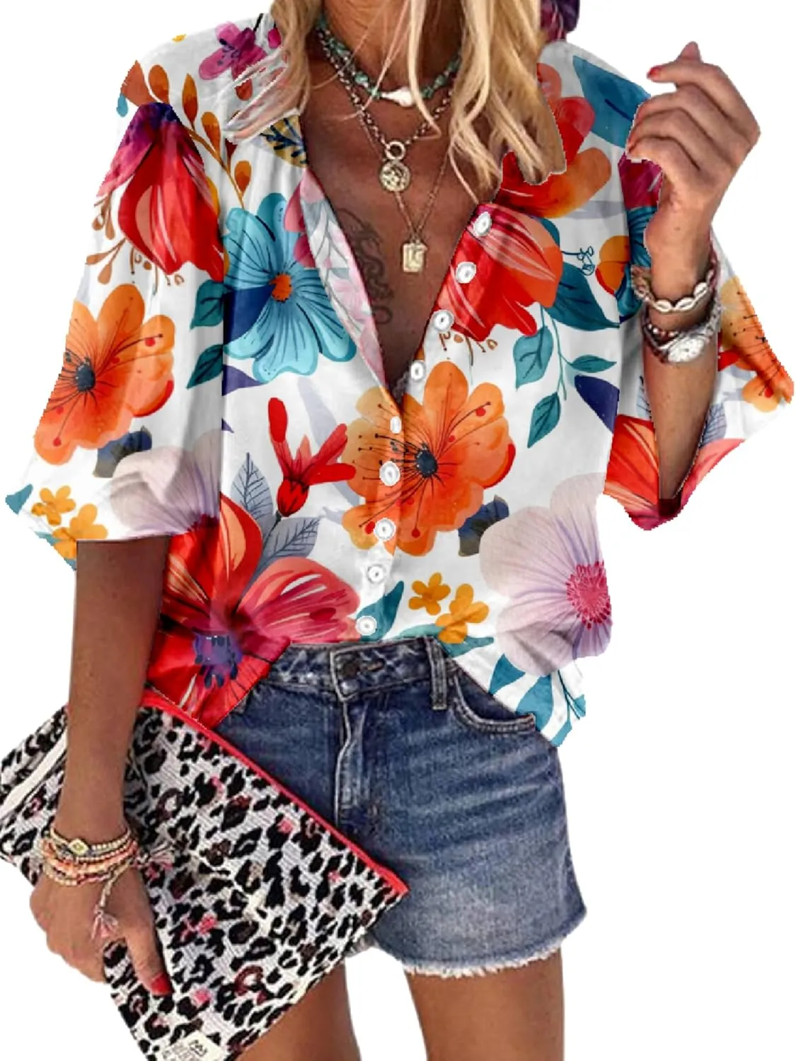 Women Blouse Button Up V Neck 3/4 Lantern Sleeve Floral Print Boho Tunic Tops Dressy Casua Shirts
