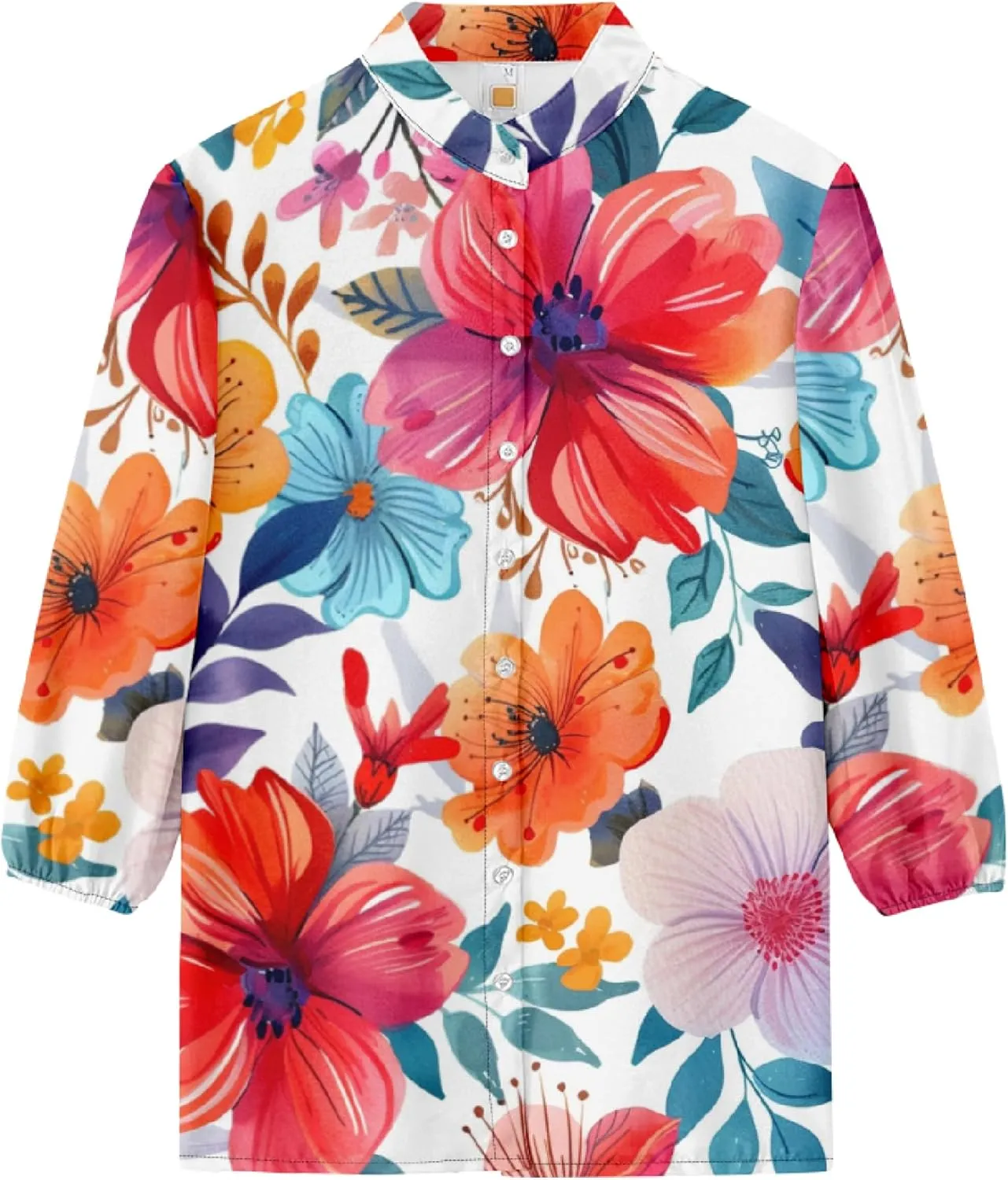 Women Blouse Button Up V Neck 3/4 Lantern Sleeve Floral Print Boho Tunic Tops Dressy Casua Shirts