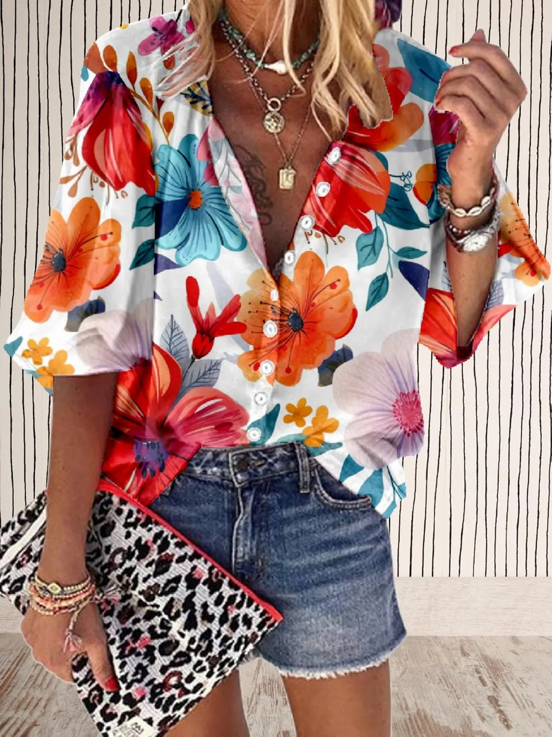 Women Blouse Button Up V Neck 3/4 Lantern Sleeve Floral Print Boho Tunic Tops Dressy Casua Shirts