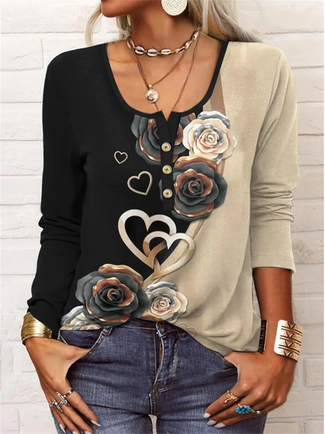 Women Boho Floral Button Up Long Sleeve Shirts Vintage Bohemian Blouse Tops Casual Retro Graphic T-Shirt Beachwear