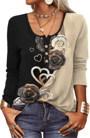 Women Boho Floral Button Up Long Sleeve Shirts Vintage Bohemian Blouse Tops Casual Retro Graphic T-Shirt Beachwear