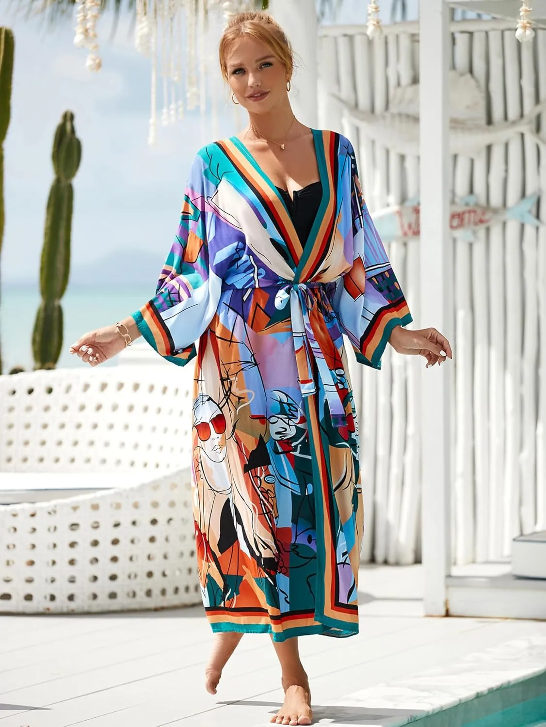 Women Casual Open Front Lightweight Cardigan Long Beach Kimono Cover Up