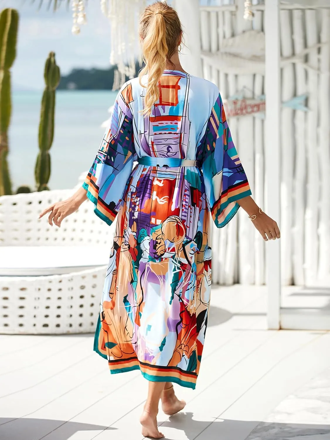 Women Casual Open Front Lightweight Cardigan Long Beach Kimono Cover Up
