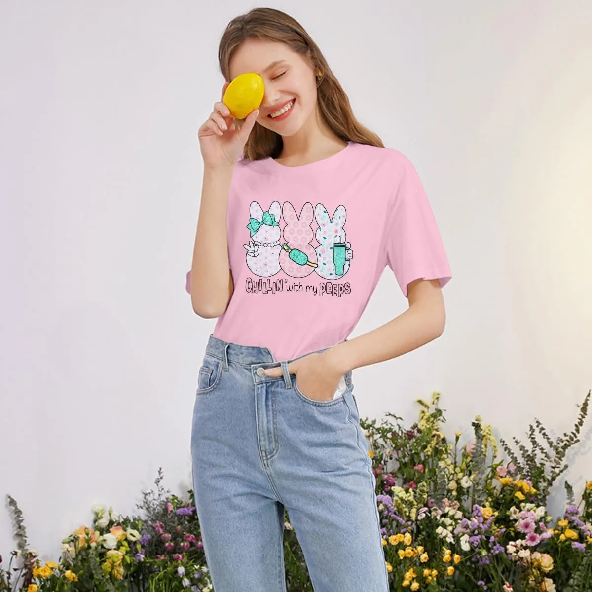 Women Chillin'with My Peeps Shirt Easter Shirt Funny Bunny T-Shirt Cute Rabbit Tee Tops Easter Day Gift