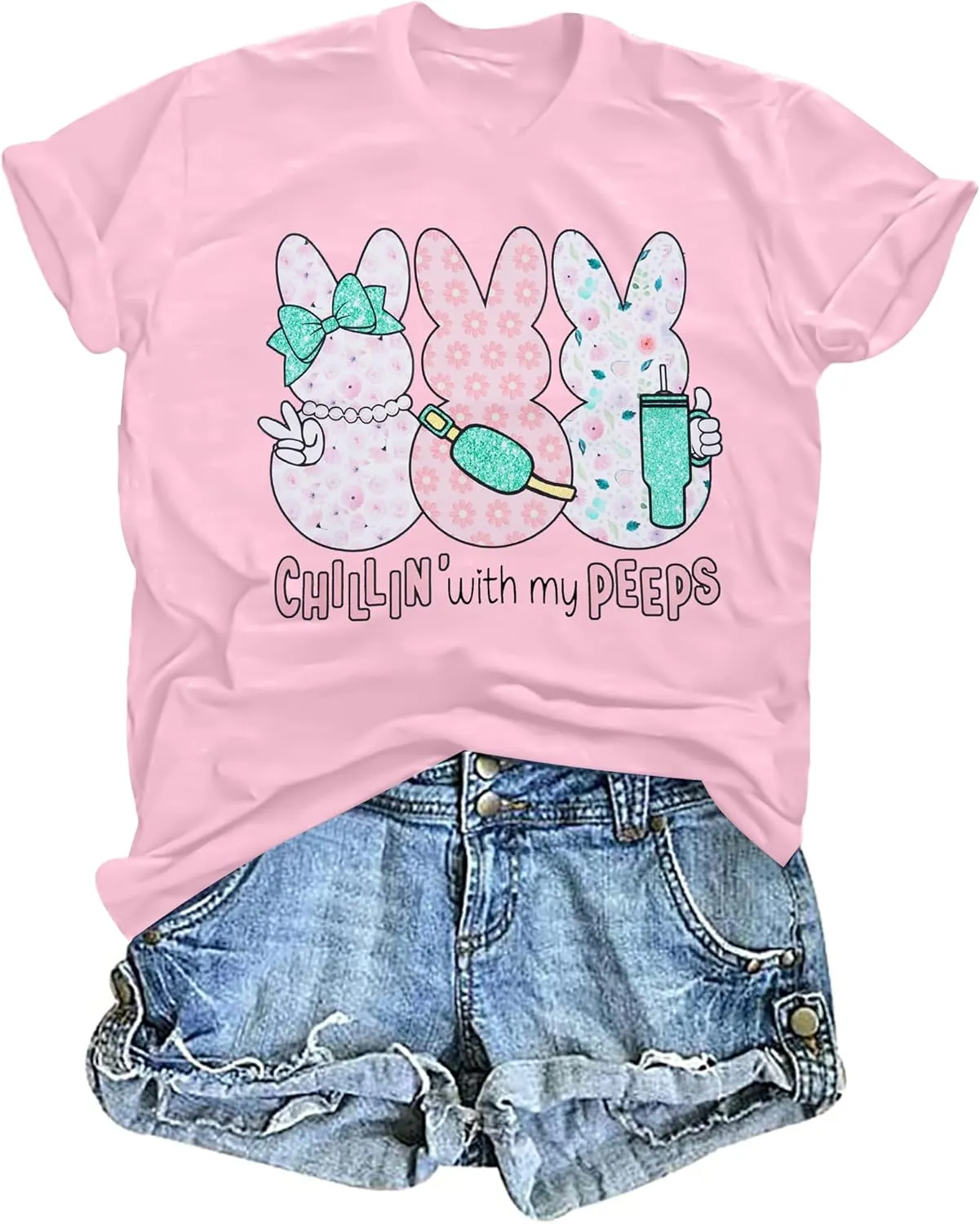 Women Chillin'with My Peeps Shirt Easter Shirt Funny Bunny T-Shirt Cute Rabbit Tee Tops Easter Day Gift