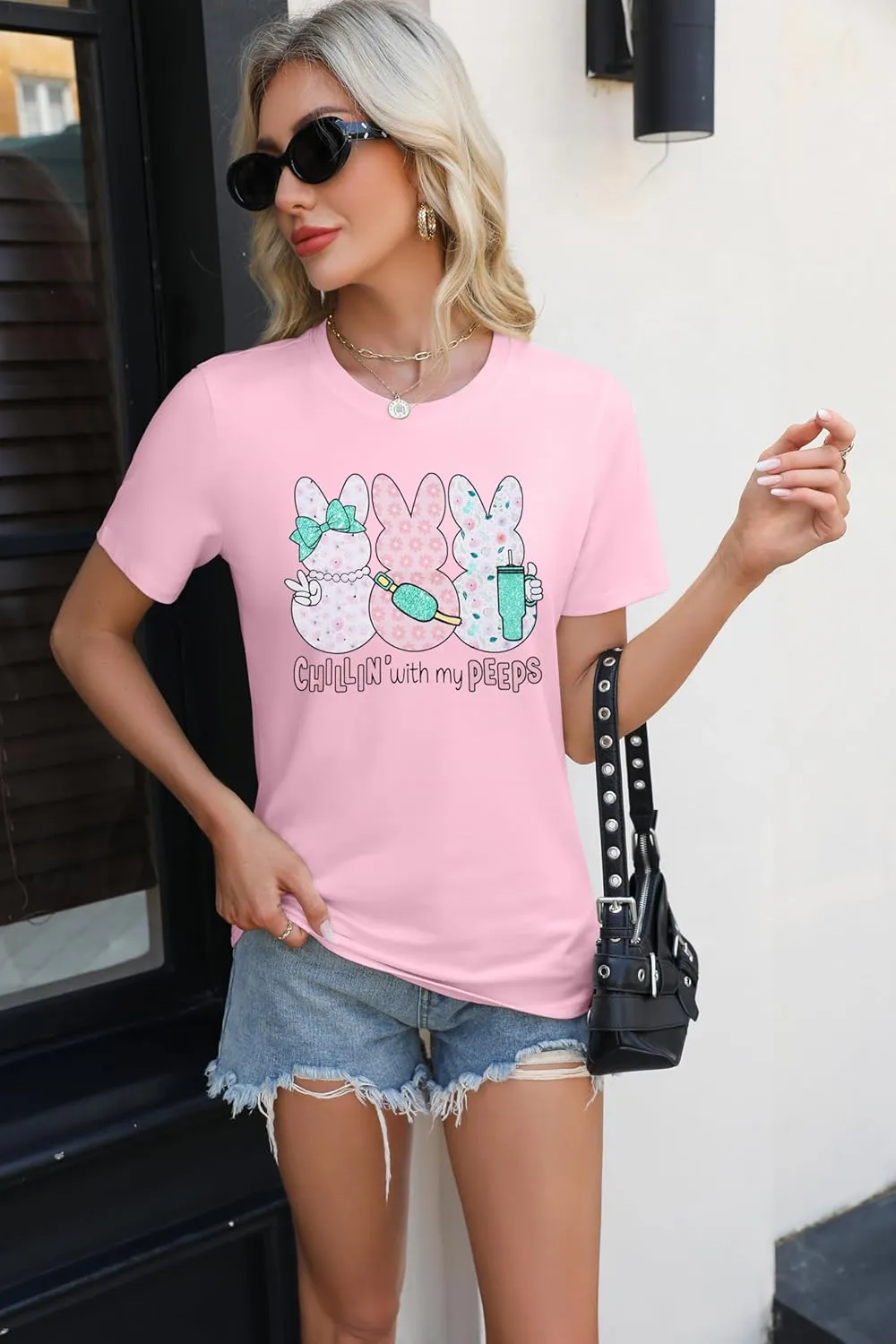 Women Chillin'with My Peeps Shirt Easter Shirt Funny Bunny T-Shirt Cute Rabbit Tee Tops Easter Day Gift