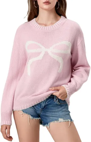 Women Cute Bow Sweater Y2k Long Sleeve Crew Neck Knit Sweaters Aesthetic Pullover Top