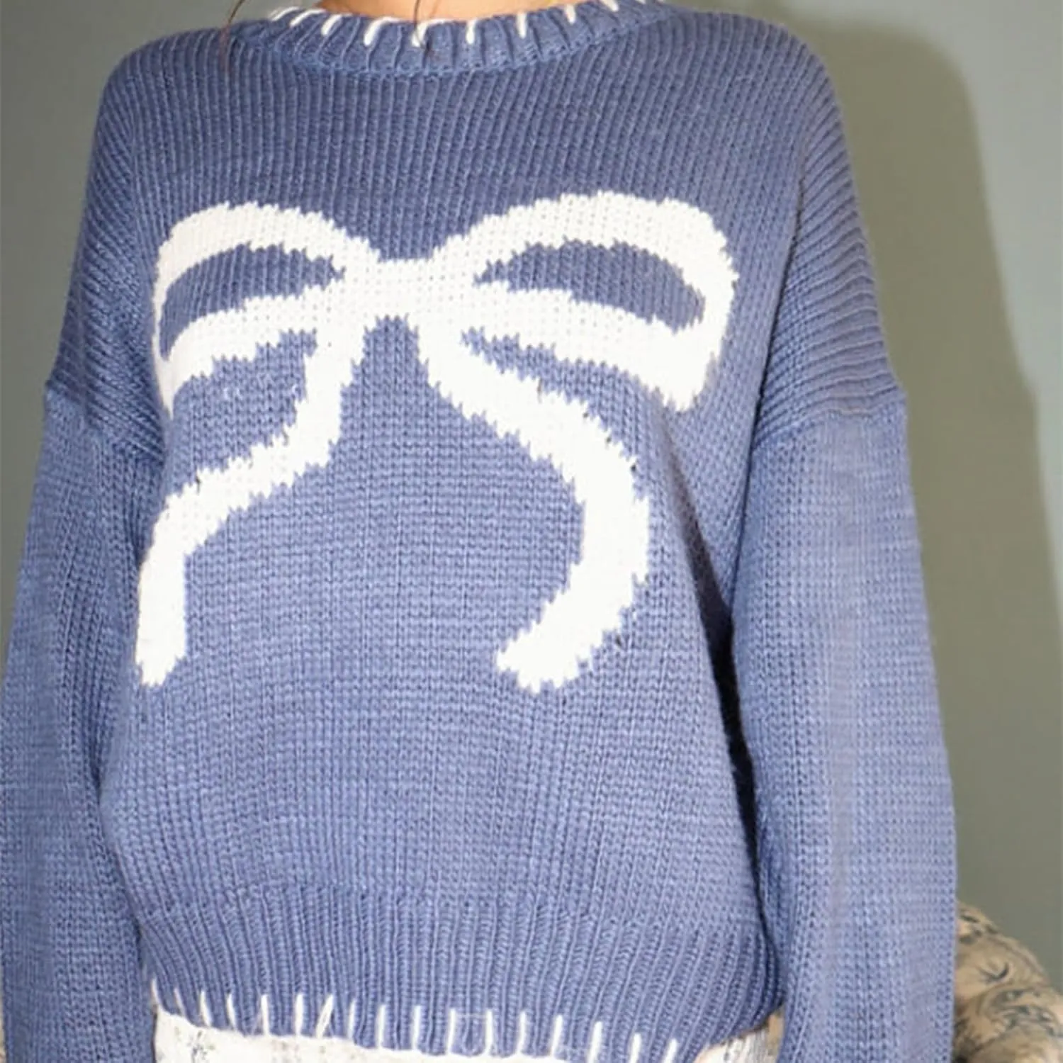 Women Cute Bow Sweater Y2k Long Sleeve Crew Neck Knit Sweaters Aesthetic Pullover Top