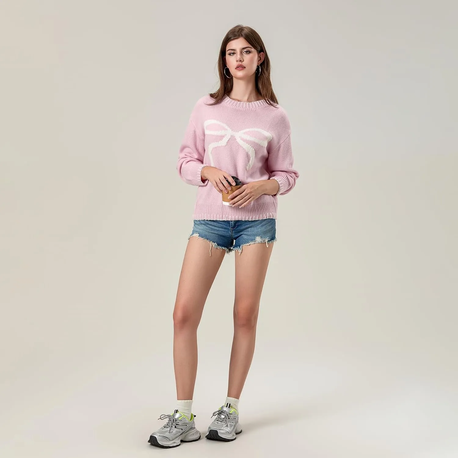 Women Cute Bow Sweater Y2k Long Sleeve Crew Neck Knit Sweaters Aesthetic Pullover Top