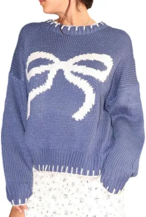 Women Cute Bow Sweater Y2k Long Sleeve Crew Neck Knit Sweaters Aesthetic Pullover Top