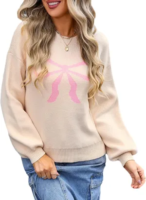 Women Cute Bow Sweater Y2k Long Sleeve Crew Neck Knit Sweaters Aesthetic Pullover Top