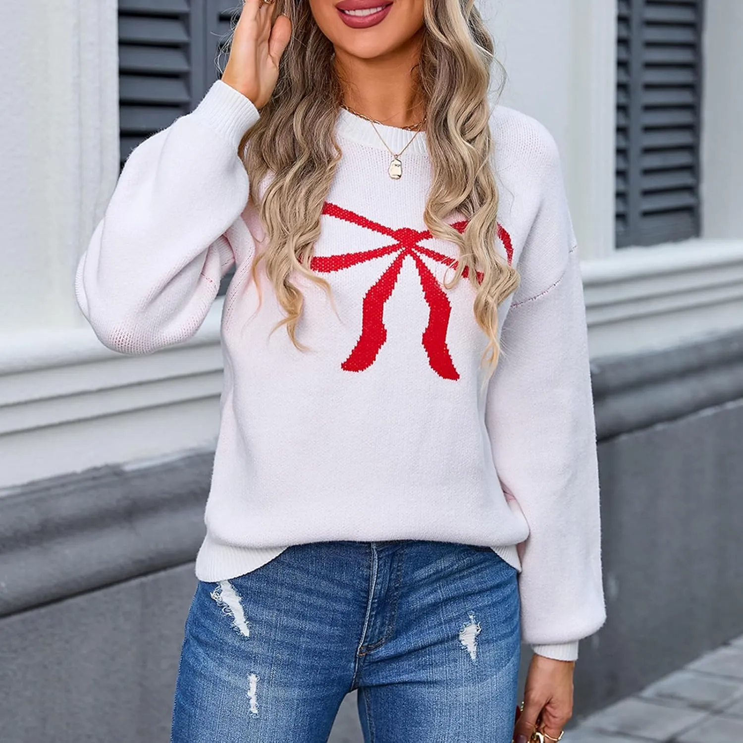 Women Cute Bow Sweater Y2k Long Sleeve Crew Neck Knit Sweaters Aesthetic Pullover Top