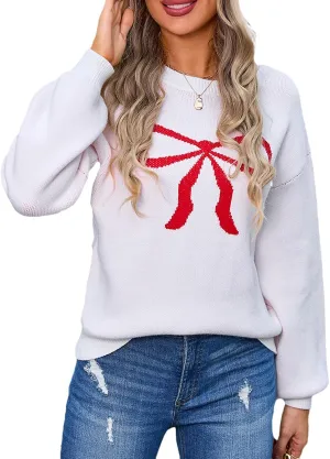 Women Cute Bow Sweater Y2k Long Sleeve Crew Neck Knit Sweaters Aesthetic Pullover Top