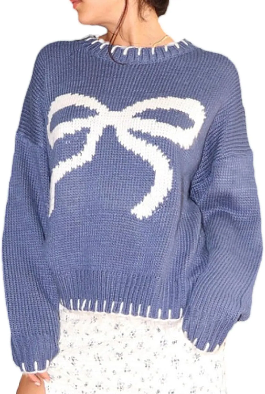 Women Cute Bow Sweater Y2k Long Sleeve Crew Neck Knit Sweaters Aesthetic Pullover Top