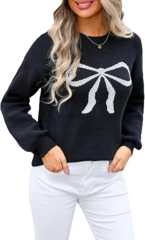 Women Cute Bow Sweater Y2k Long Sleeve Crew Neck Knit Sweaters Aesthetic Pullover Top