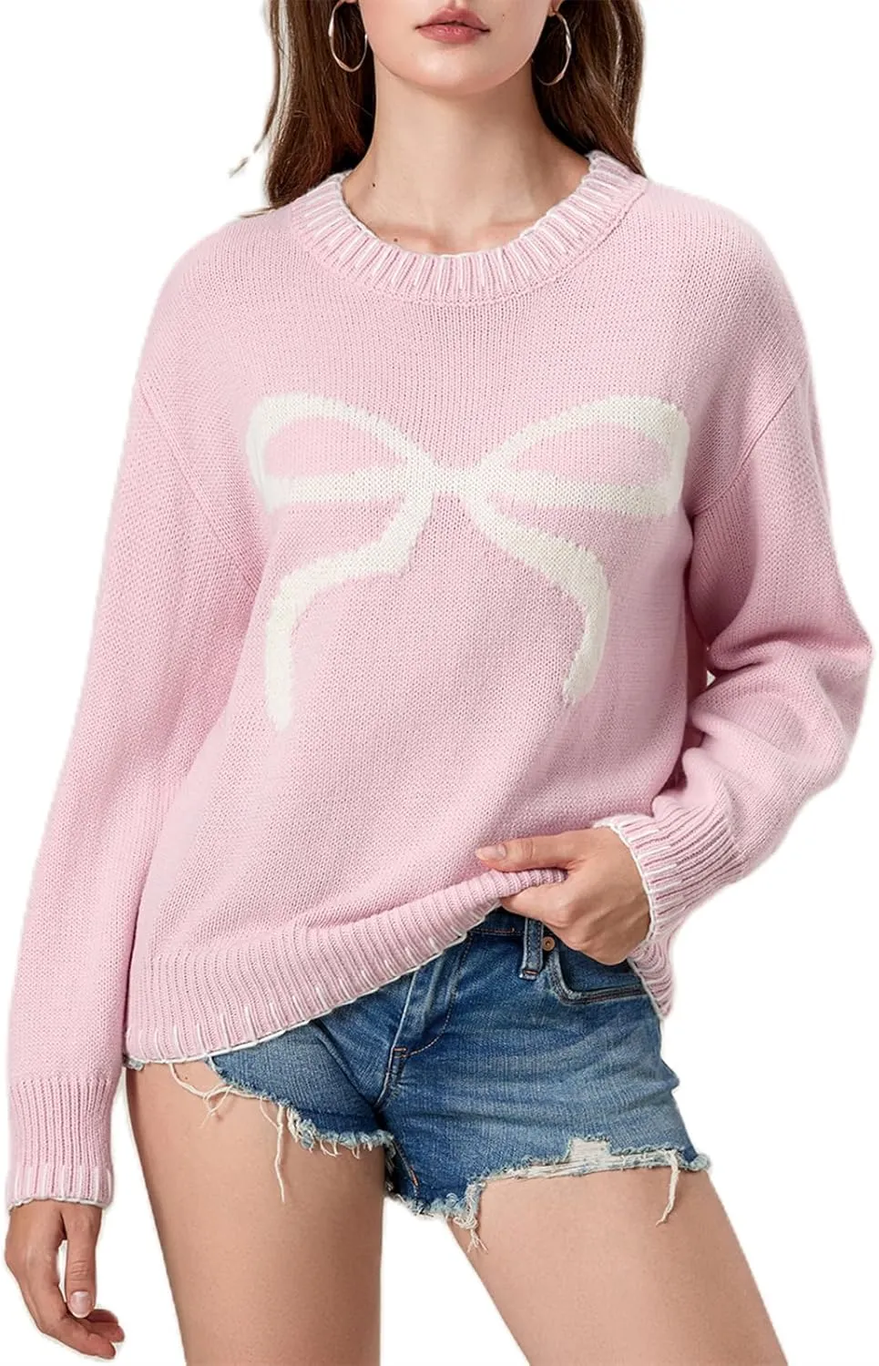 Women Cute Bow Sweater Y2k Long Sleeve Crew Neck Knit Sweaters Aesthetic Pullover Top