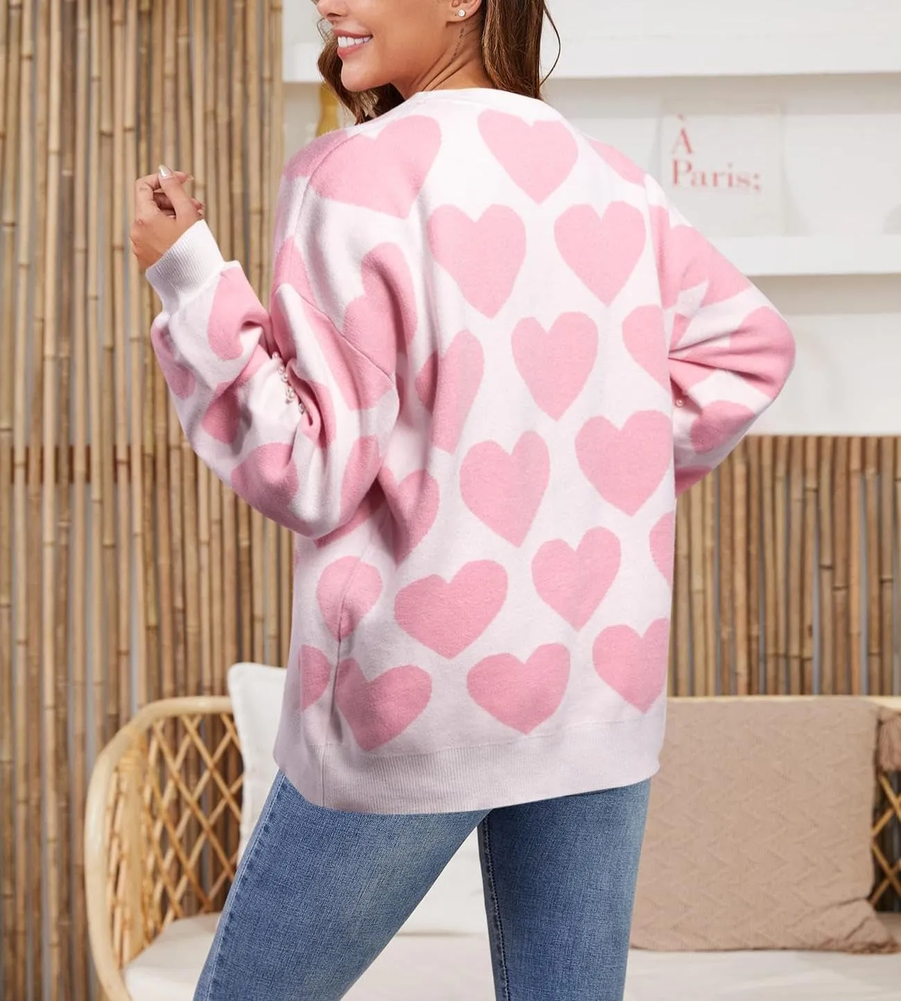 Women Cute Valentine Heart Graphic Jumper V-Neck Embroidery Knitted Loose Pullover Sweater Tops