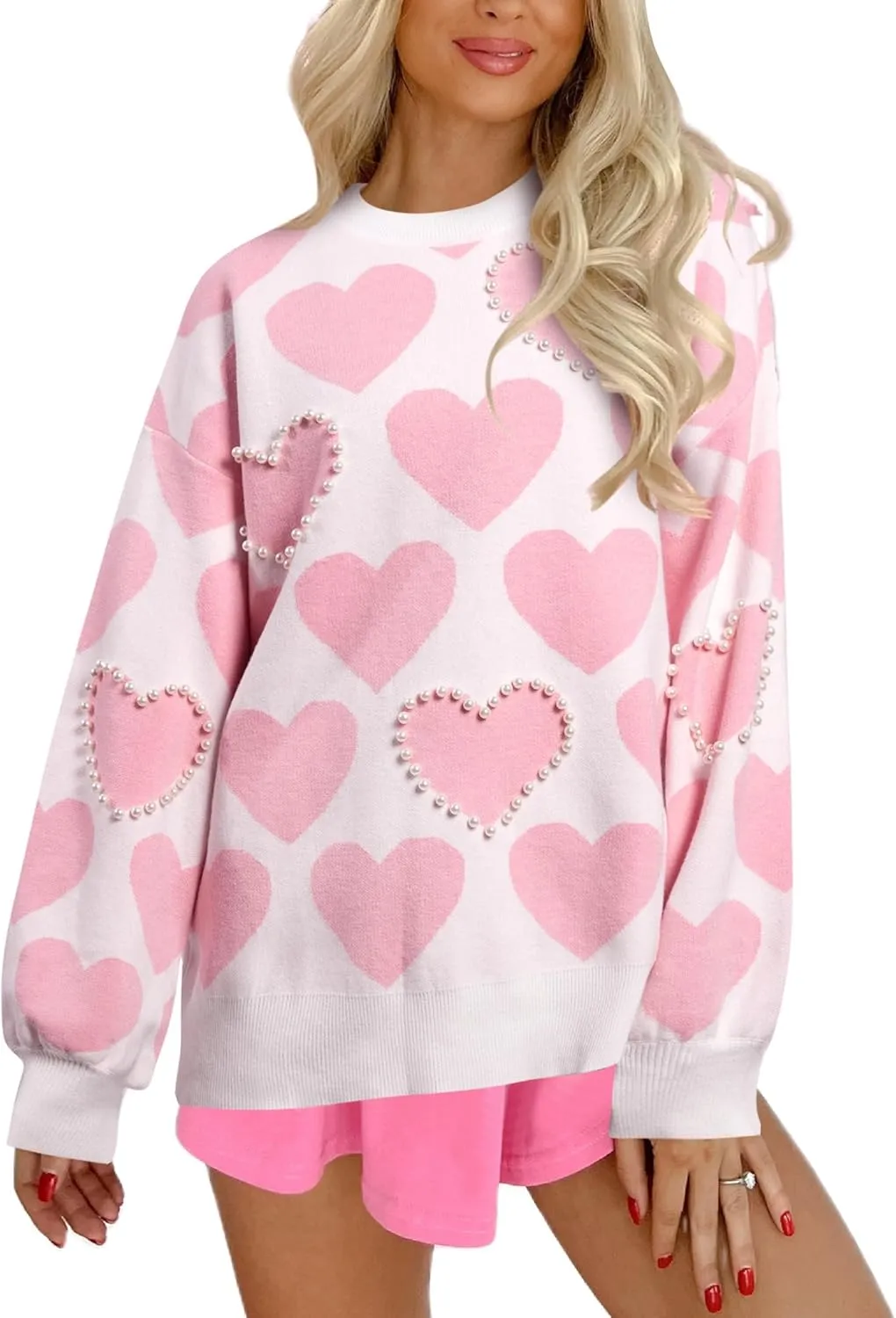 Women Cute Valentine Heart Graphic Jumper V-Neck Embroidery Knitted Loose Pullover Sweater Tops
