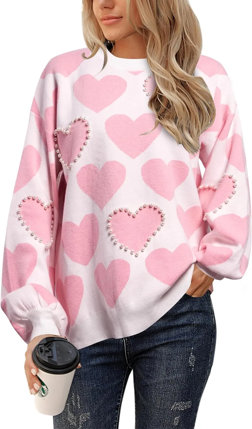 Women Cute Valentine Heart Graphic Jumper V-Neck Embroidery Knitted Loose Pullover Sweater Tops