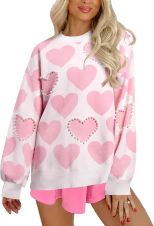 Women Cute Valentine Heart Graphic Jumper V-Neck Embroidery Knitted Loose Pullover Sweater Tops