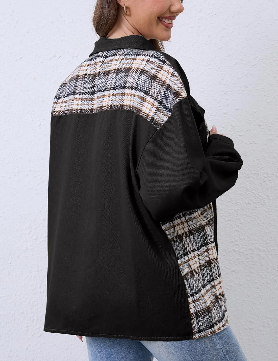 Women Denim Jean Jacket Plaid Shackets Button Down Lightweight Oversized Pocketed Coat Outfits Tops 2024 Fall