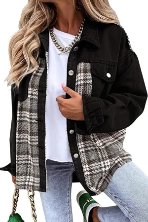 Women Denim Jean Jacket Plaid Shackets Button Down Lightweight Oversized Pocketed Coat Outfits Tops 2024 Fall