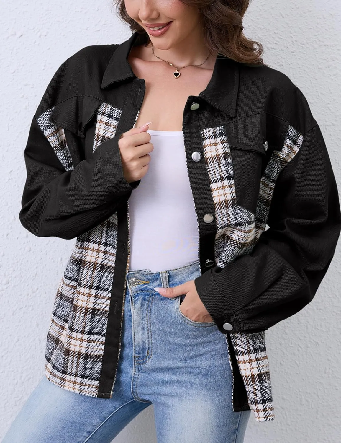 Women Denim Jean Jacket Plaid Shackets Button Down Lightweight Oversized Pocketed Coat Outfits Tops 2024 Fall