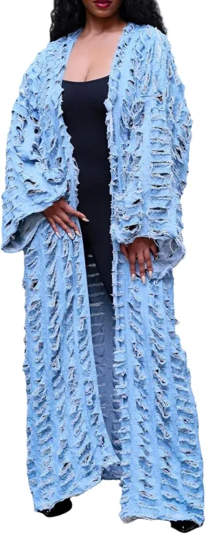 Women Distressed Maxi Denim Duster Cardigan Ripped Lightweight Long Sleeve Hollow Out Open Front Long Jean Jacket