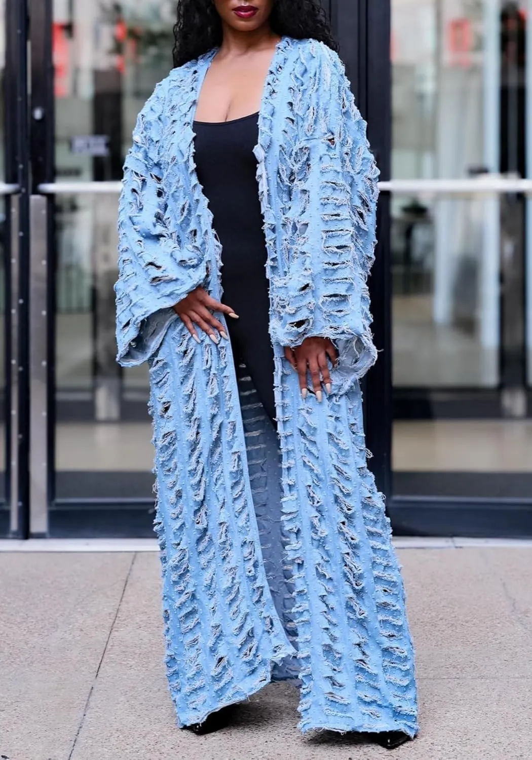 Women Distressed Maxi Denim Duster Cardigan Ripped Lightweight Long Sleeve Hollow Out Open Front Long Jean Jacket