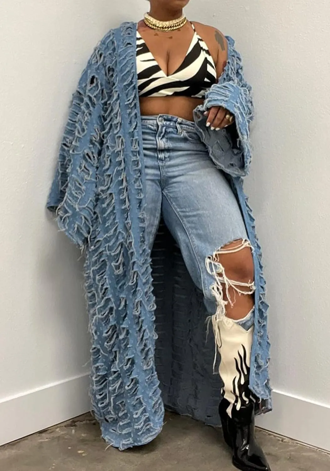 Women Distressed Maxi Denim Duster Cardigan Ripped Lightweight Long Sleeve Hollow Out Open Front Long Jean Jacket
