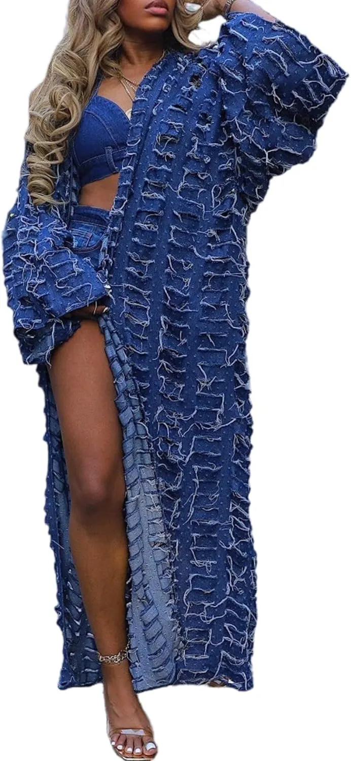Women Distressed Maxi Denim Duster Cardigan Ripped Lightweight Long Sleeve Hollow Out Open Front Long Jean Jacket