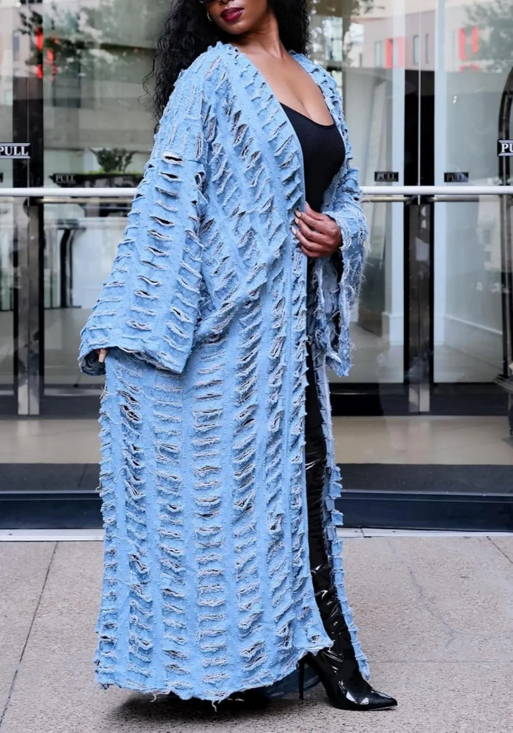 Women Distressed Maxi Denim Duster Cardigan Ripped Lightweight Long Sleeve Hollow Out Open Front Long Jean Jacket