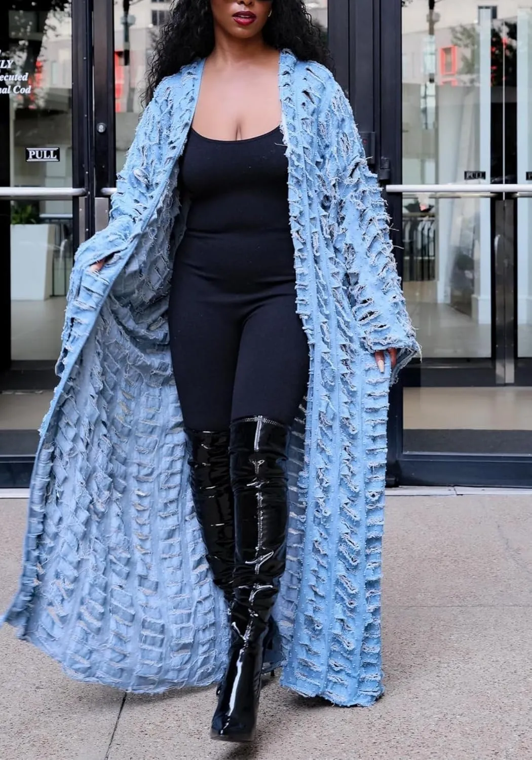 Women Distressed Maxi Denim Duster Cardigan Ripped Lightweight Long Sleeve Hollow Out Open Front Long Jean Jacket