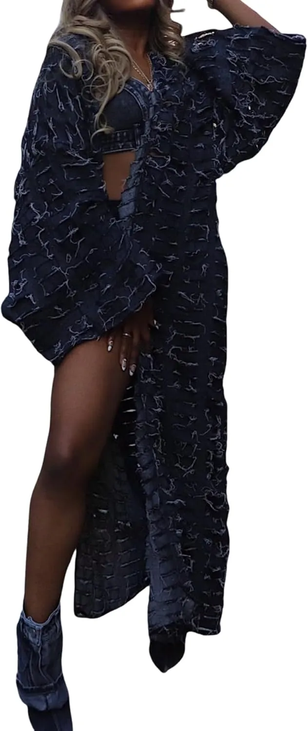 Women Distressed Maxi Denim Duster Cardigan Ripped Lightweight Long Sleeve Hollow Out Open Front Long Jean Jacket