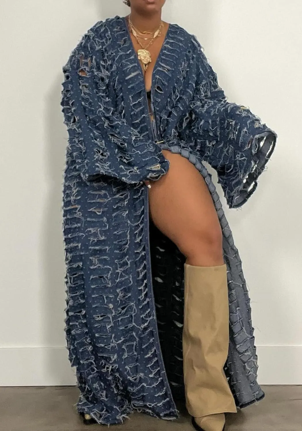 Women Distressed Maxi Denim Duster Cardigan Ripped Lightweight Long Sleeve Hollow Out Open Front Long Jean Jacket