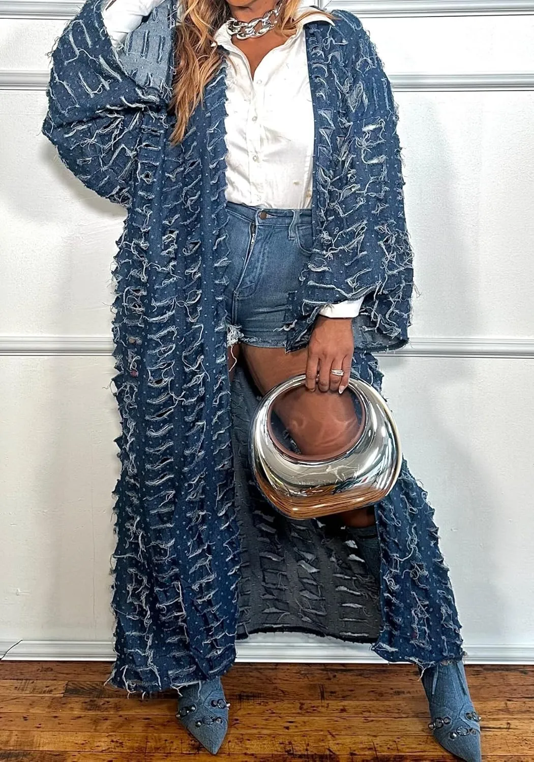 Women Distressed Maxi Denim Duster Cardigan Ripped Lightweight Long Sleeve Hollow Out Open Front Long Jean Jacket
