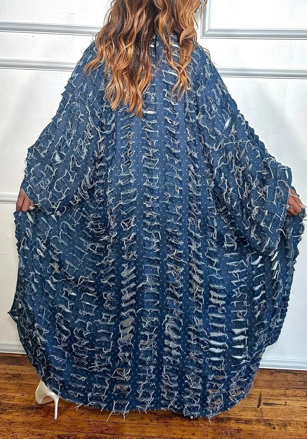 Women Distressed Maxi Denim Duster Cardigan Ripped Lightweight Long Sleeve Hollow Out Open Front Long Jean Jacket