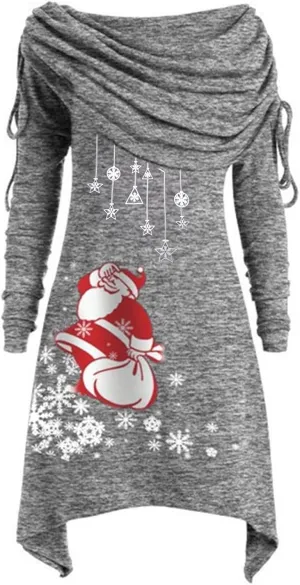 Women Dresses Christmas Printed Casual Full Sleeve Foldover Off The Shoulder Pleated Collar Drawstring Dress Plus Size