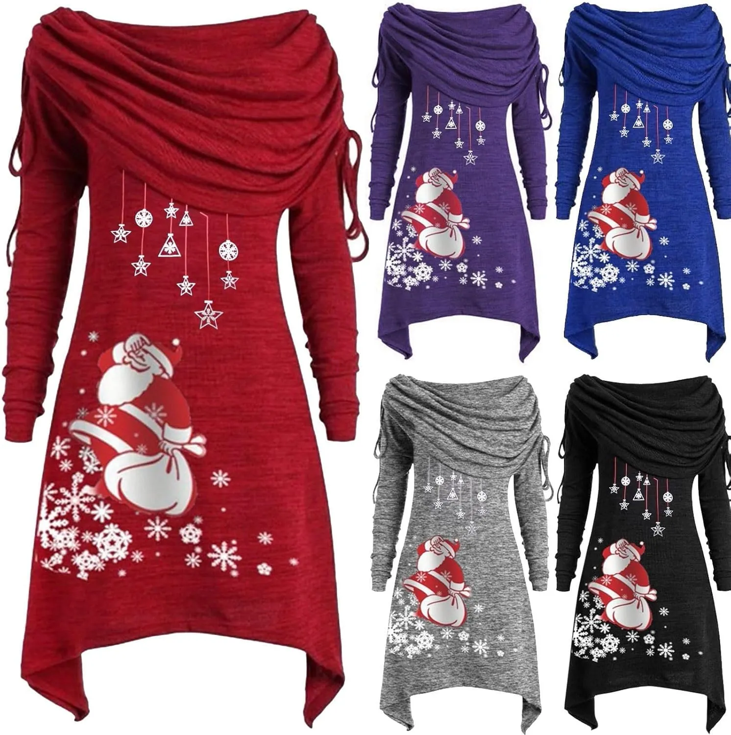 Women Dresses Christmas Printed Casual Full Sleeve Foldover Off The Shoulder Pleated Collar Drawstring Dress Plus Size