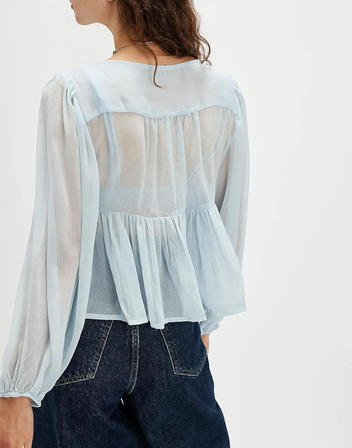 Women Lace Tie Front Top Y2k Coquette Long Sleeve Button Up Chiffon Cardigan Flowy Boho Peplum Shirt Going Out Tops