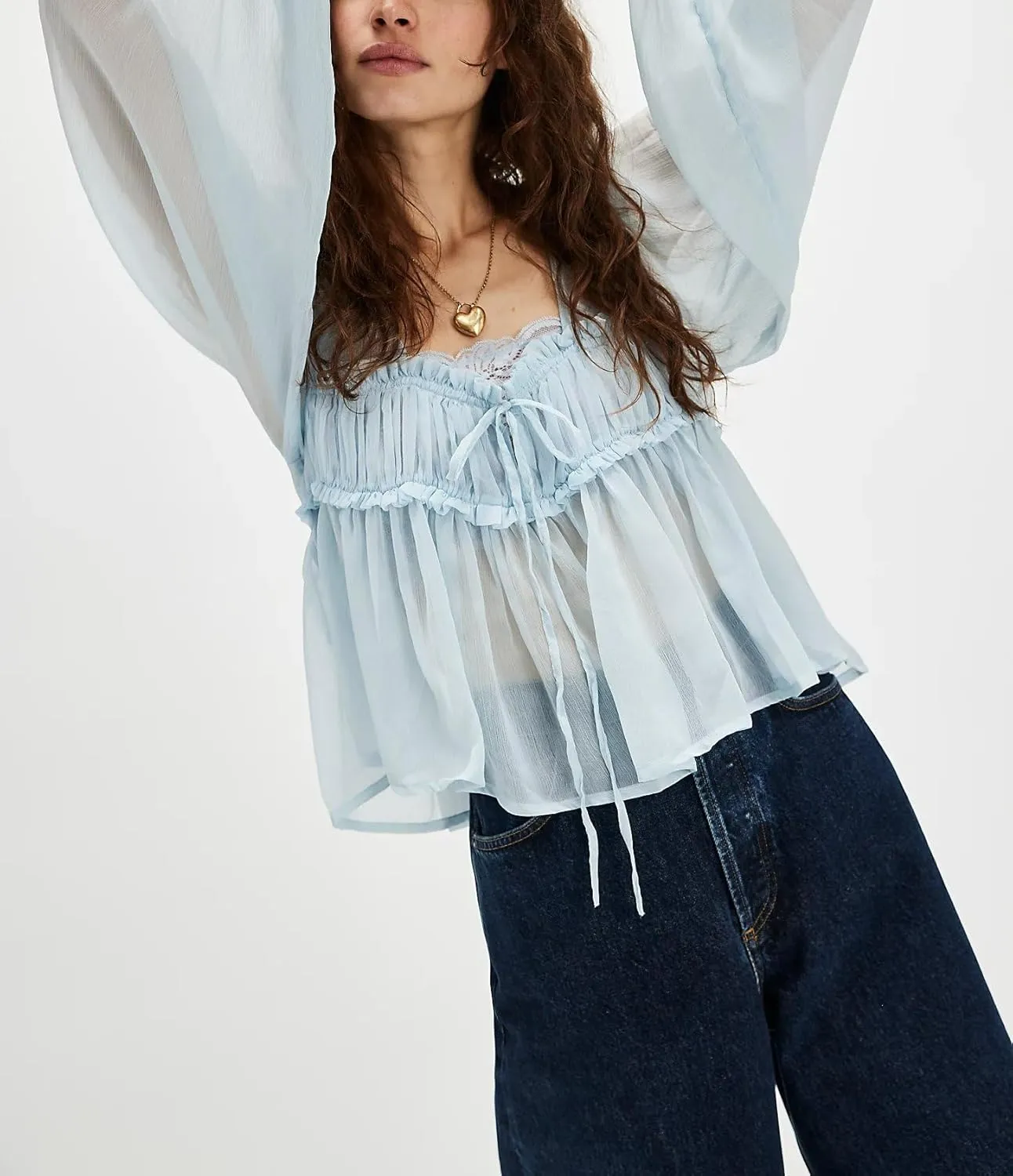 Women Lace Tie Front Top Y2k Coquette Long Sleeve Button Up Chiffon Cardigan Flowy Boho Peplum Shirt Going Out Tops