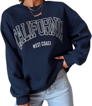 Women Oversized California Letter Graphic Fleece Sweatshirt Long Sleeve Crewneck Drop Shoulder Pullover Jumper